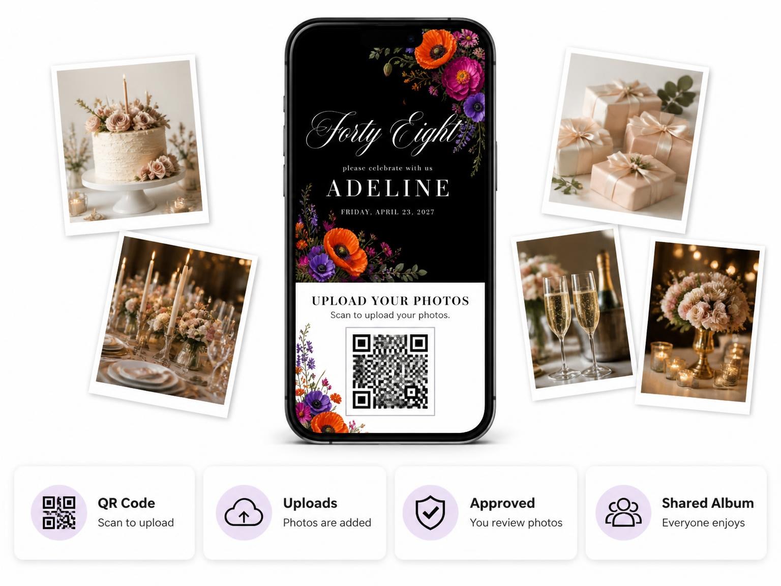The shared photo gallery that comes with the Black Floral 48th Birthday Invitation invitation