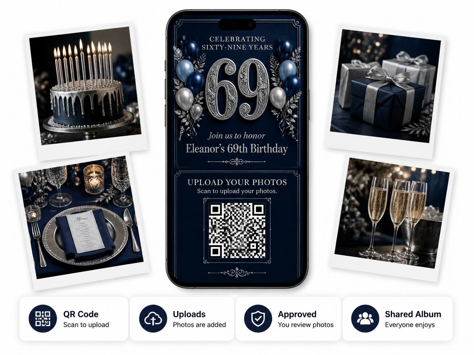 The shared photo gallery that comes with the Navy and Silver 69th Birthday Invitation invitation
