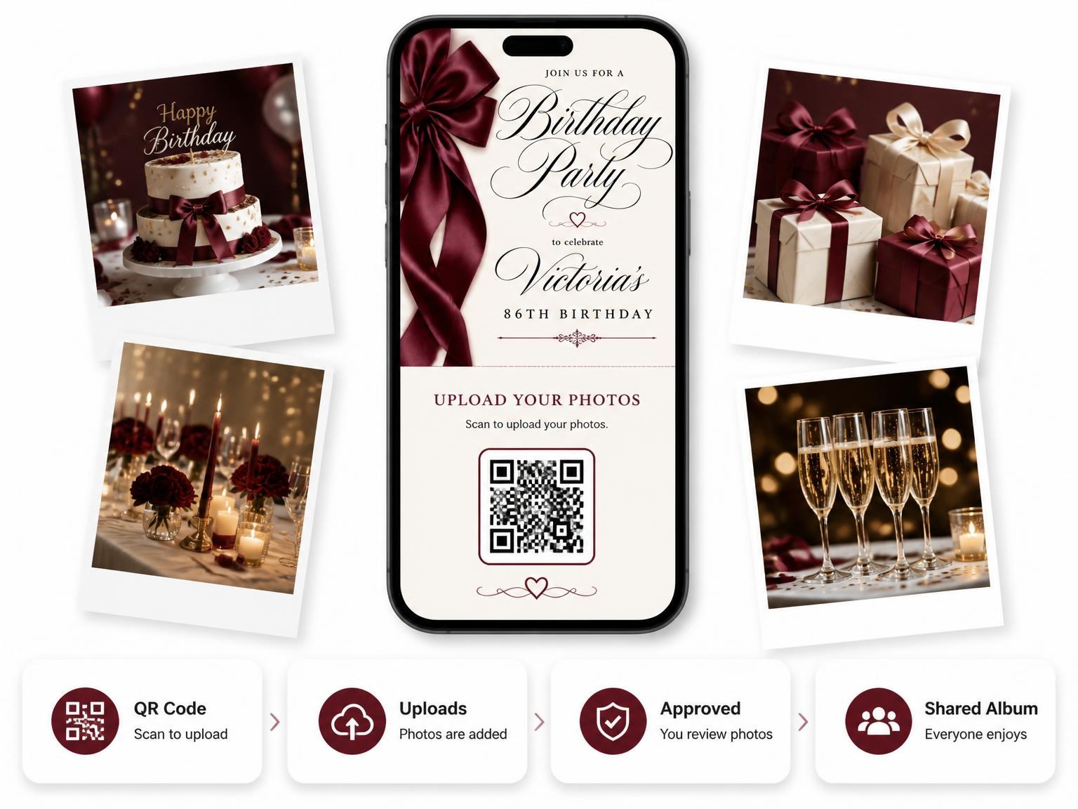 The shared photo gallery that comes with the Burgundy Satin Bow 86th Birthday Invitation invitation