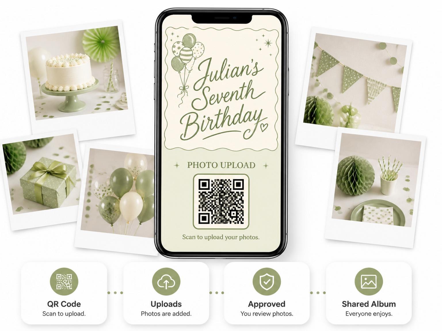 The shared photo gallery that comes with the Olive Balloon Scalloped 7th Birthday Invitation invitation