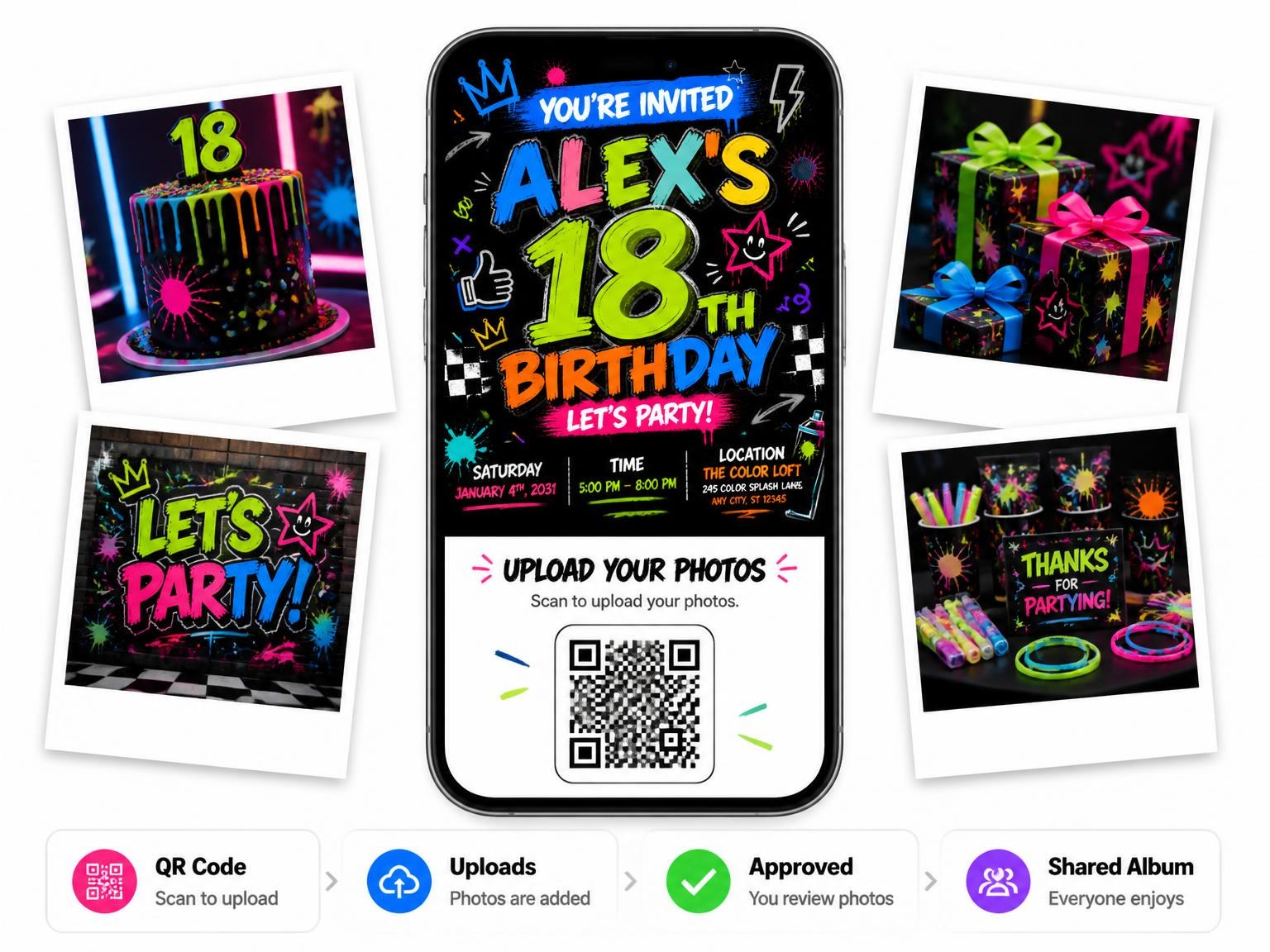 The shared photo gallery that comes with the Graffiti Street Art 18th Birthday Invitation invitation