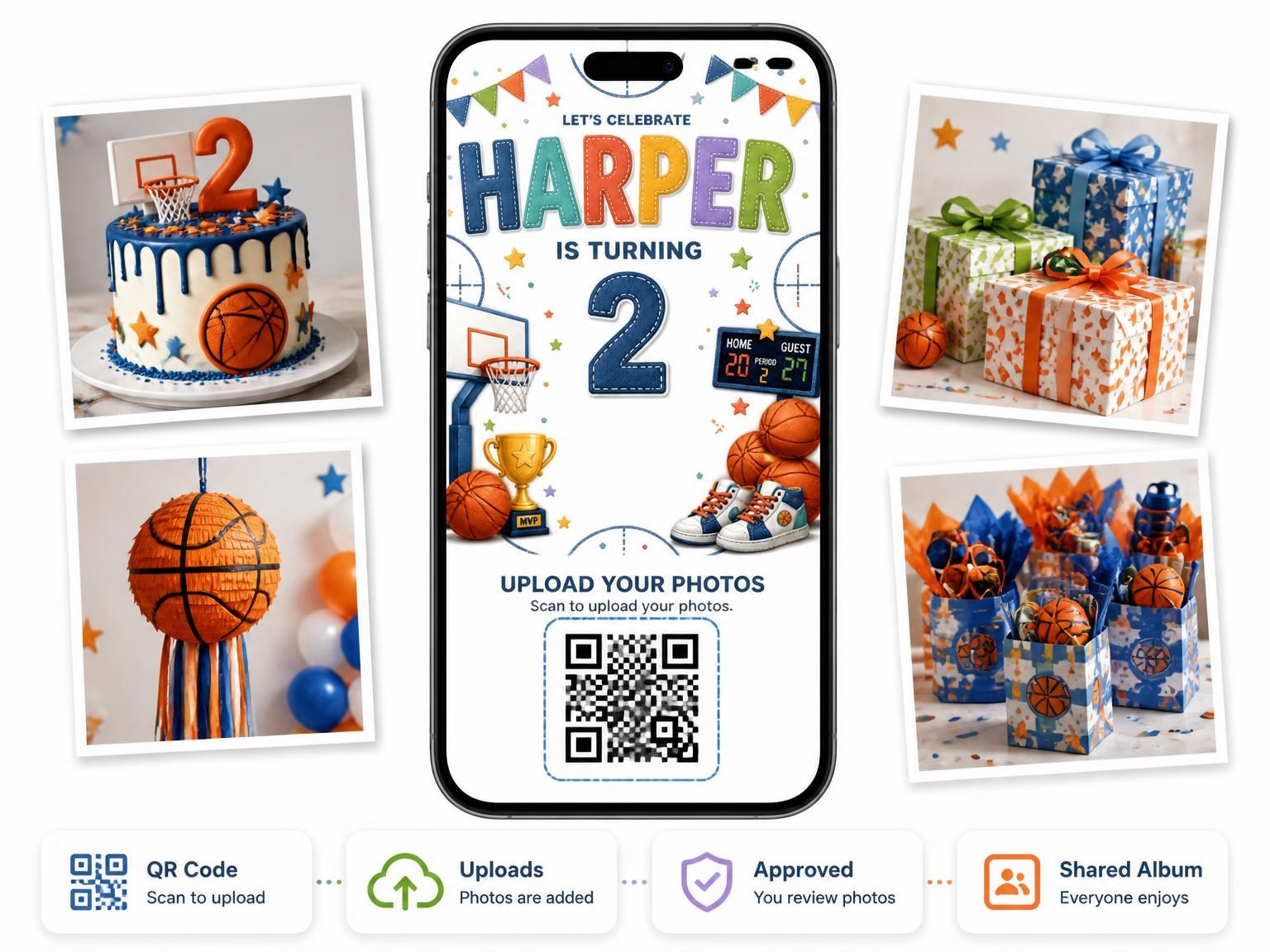 The shared photo gallery that comes with the Stitched Basketball 2nd Birthday Invitation invitation