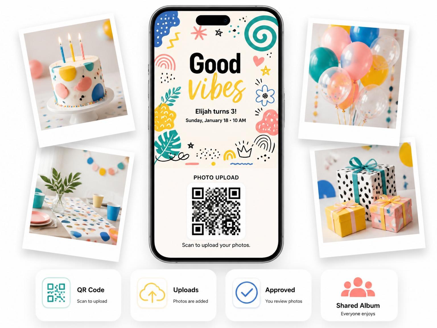 The shared photo gallery that comes with the Doodle Motif Multicolored 3rd Birthday invitation