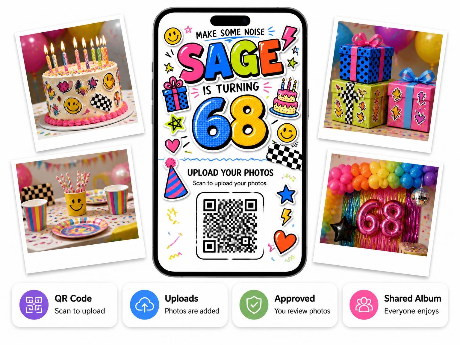The shared photo gallery that comes with the 90s Scrapbook 68th Birthday Invitation invitation