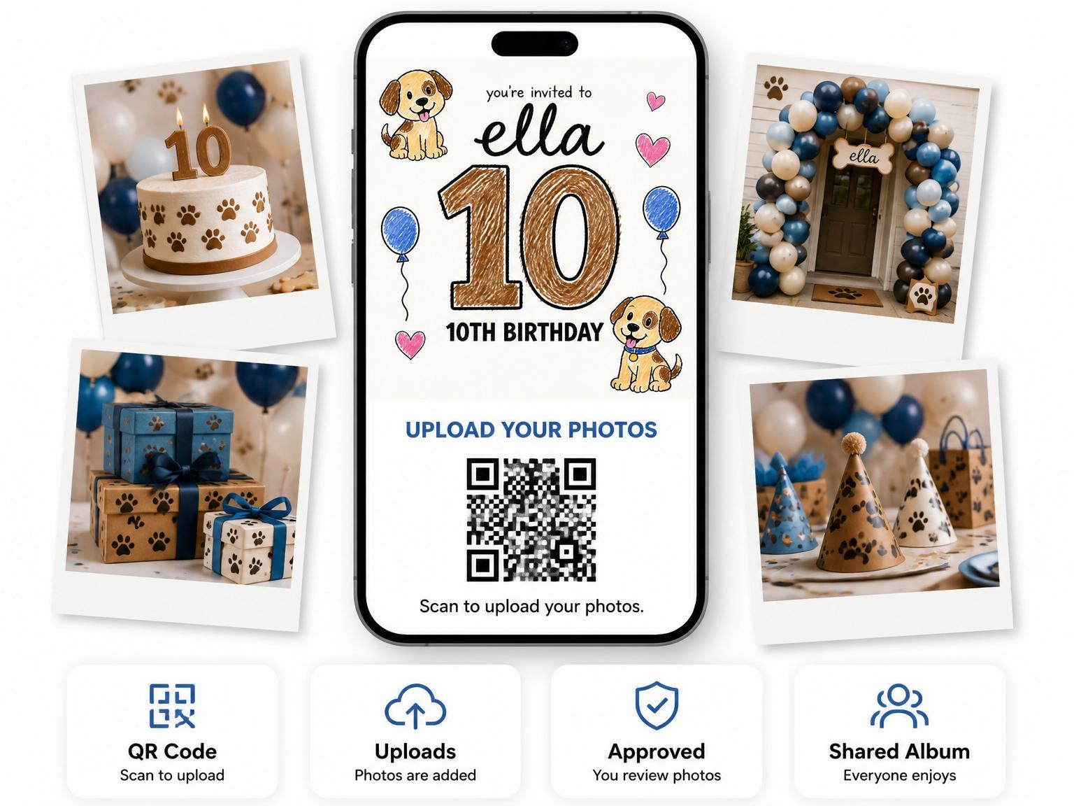 The shared photo gallery that comes with the Crayon Puppy Illustration 10th Birthday invitation