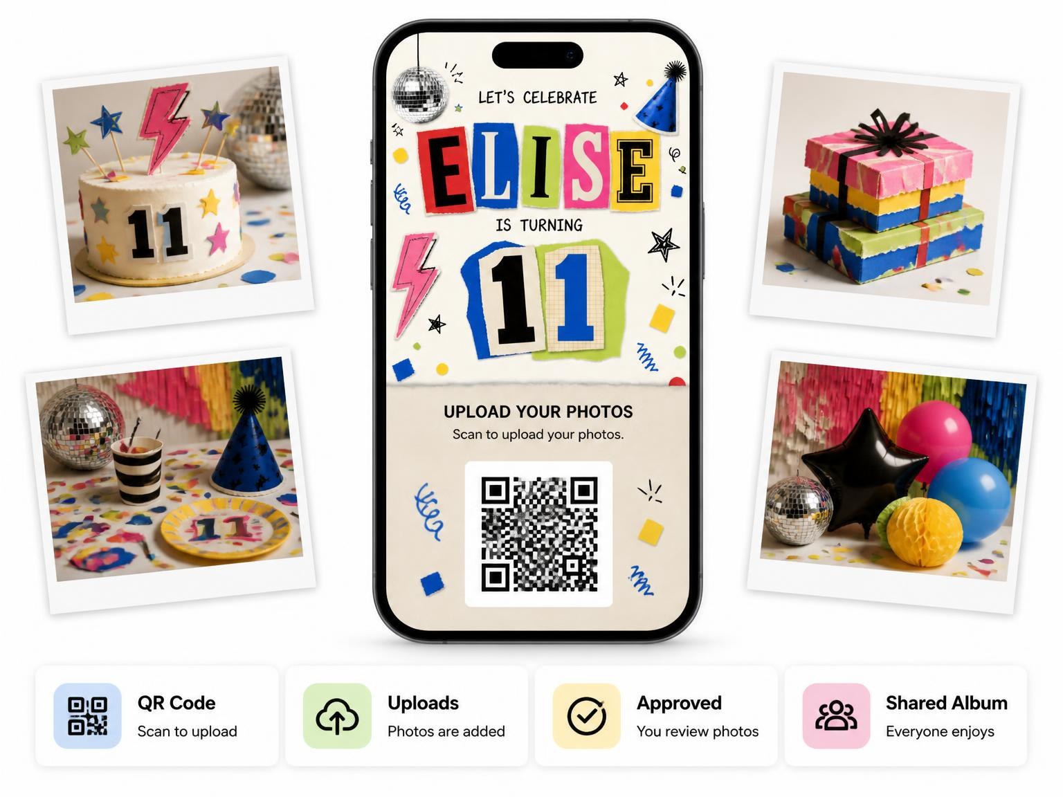 The shared photo gallery that comes with the Retro Paper Collage 11th Birthday Invitation invitation
