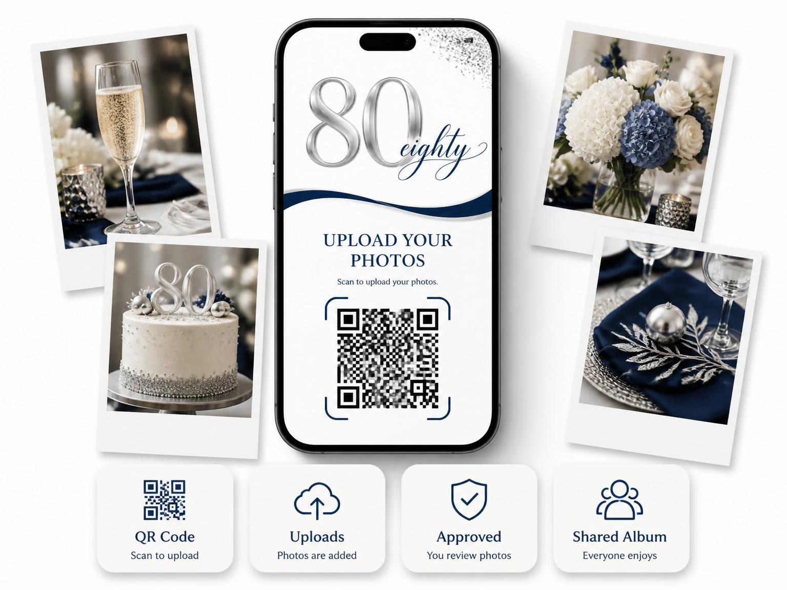 The shared photo gallery that comes with the Metallic Silver Navy 80th Birthday invitation