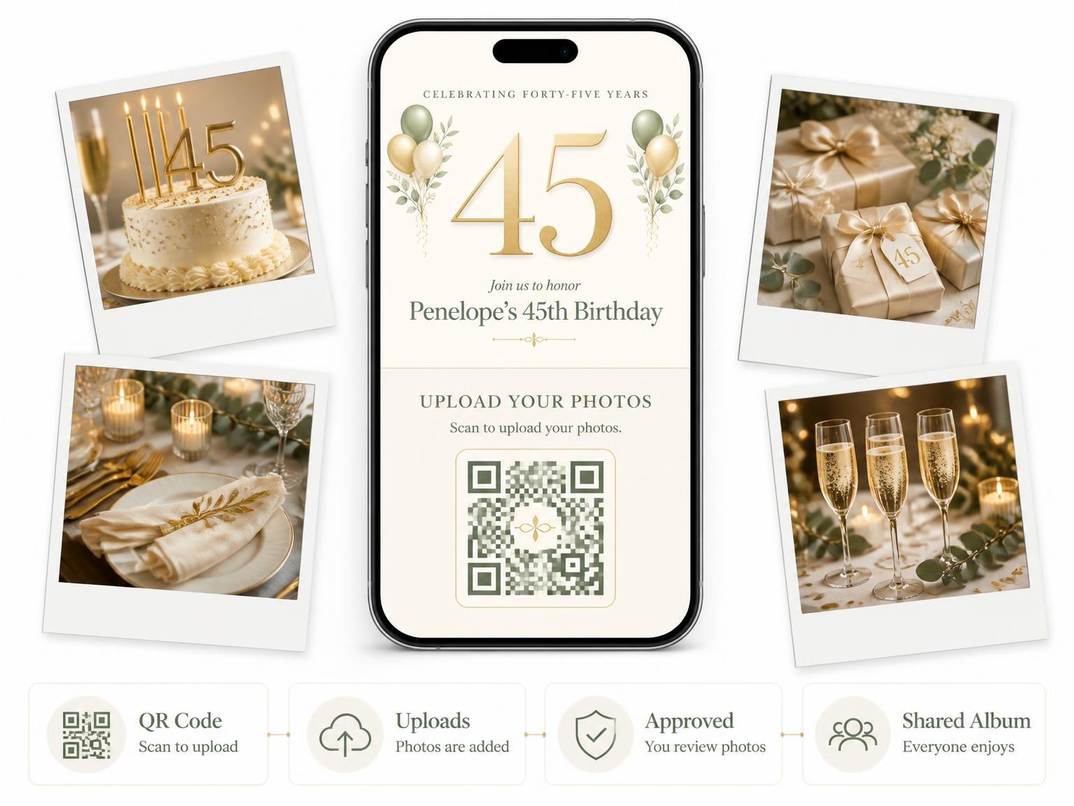 The shared photo gallery that comes with the Sage and Ivory 45th Birthday Invitation invitation