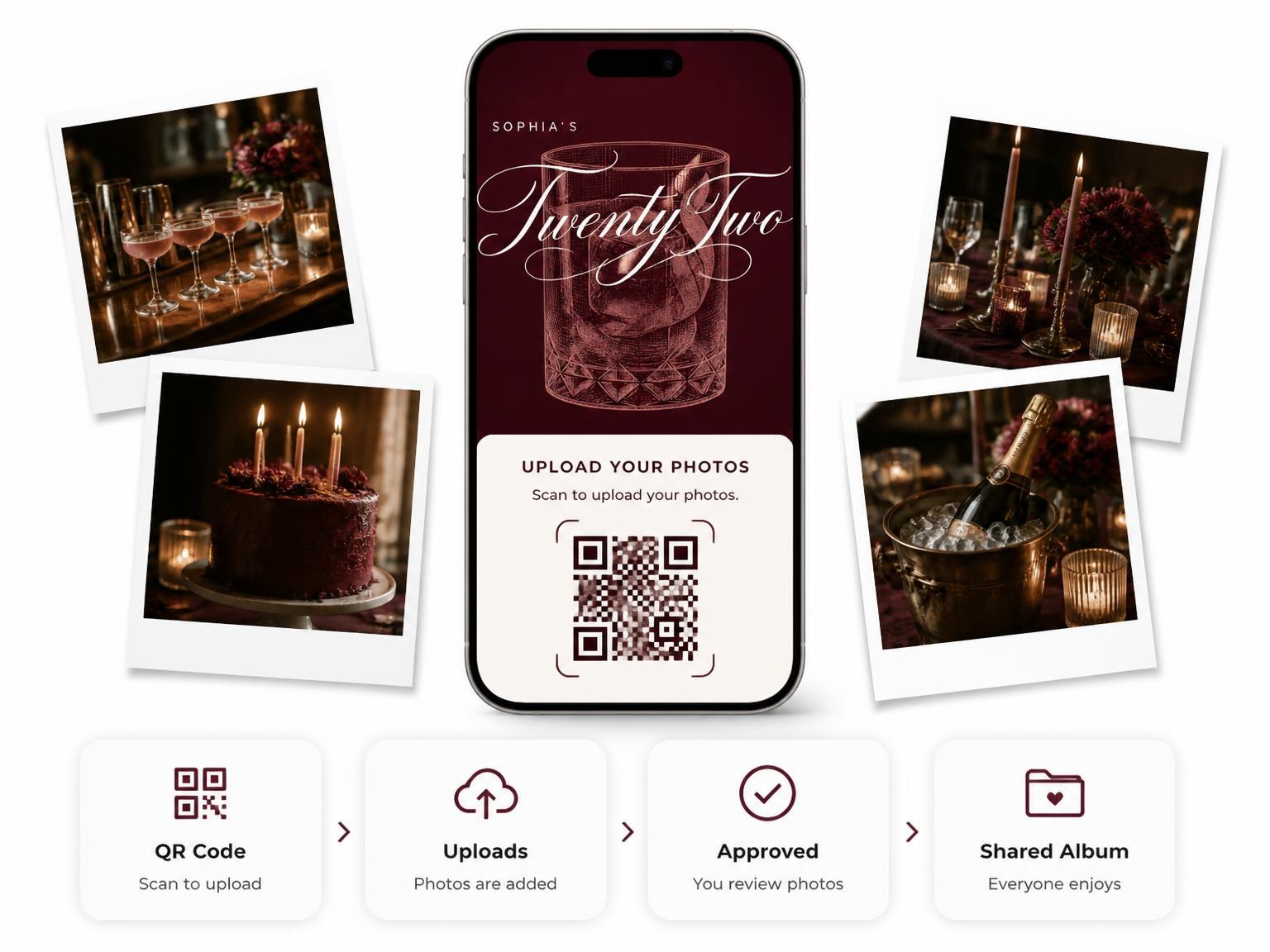 The shared photo gallery that comes with the Burgundy Cocktail 22nd Birthday Invitation invitation