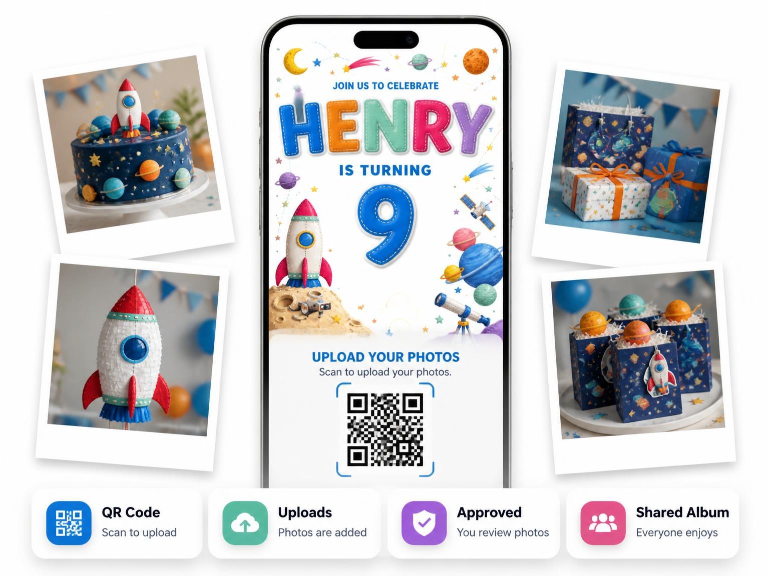 The shared photo gallery that comes with the Stitched Space 9th Birthday Invitation invitation