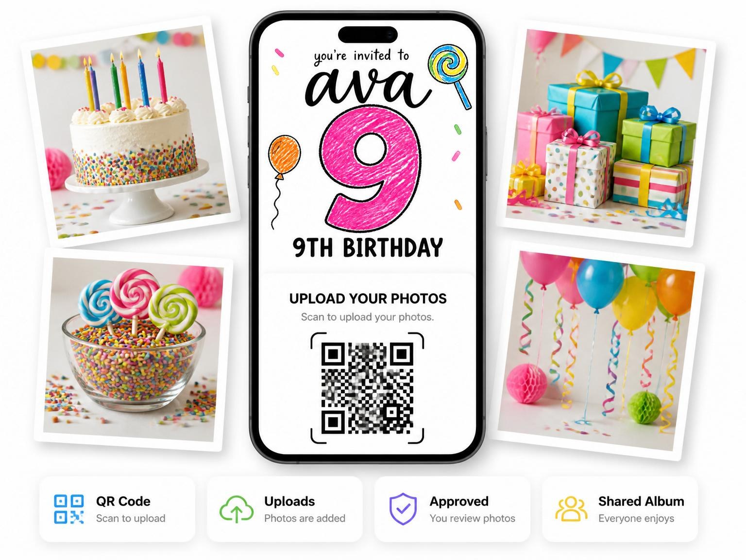 The shared photo gallery that comes with the Crayon Candy Motif 9th Birthday Invitation invitation
