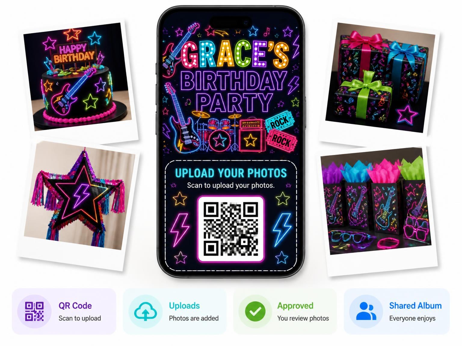The shared photo gallery that comes with the Neon Rock Star 7th Birthday Invitation invitation