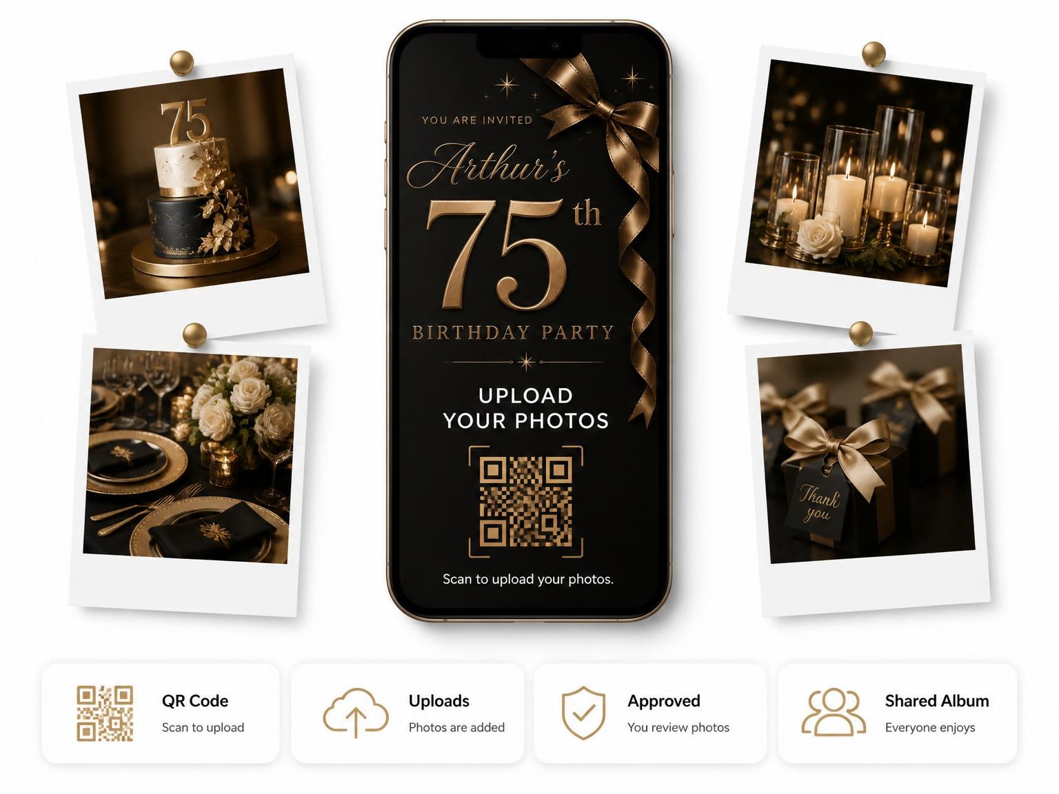 The shared photo gallery that comes with the Bronze Ribbon Metallic 75th Birthday invitation