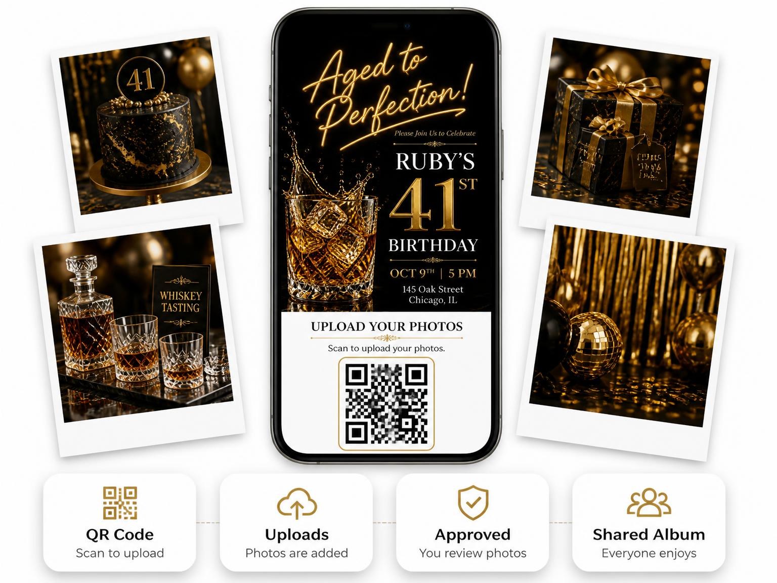 The shared photo gallery that comes with the Whiskey Glass 41st Birthday Invitation invitation