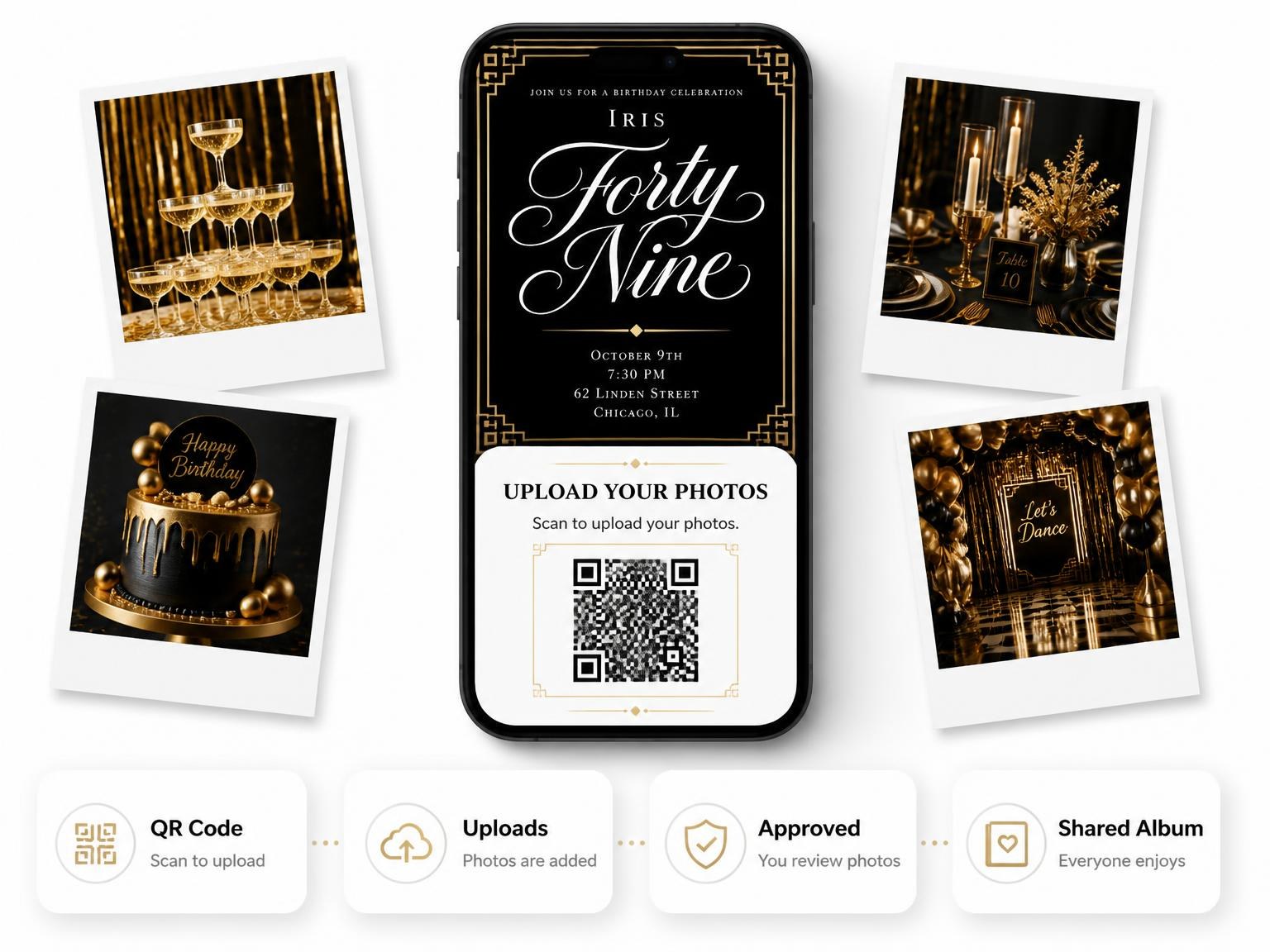 The shared photo gallery that comes with the Art Deco 49th Birthday Invitation invitation