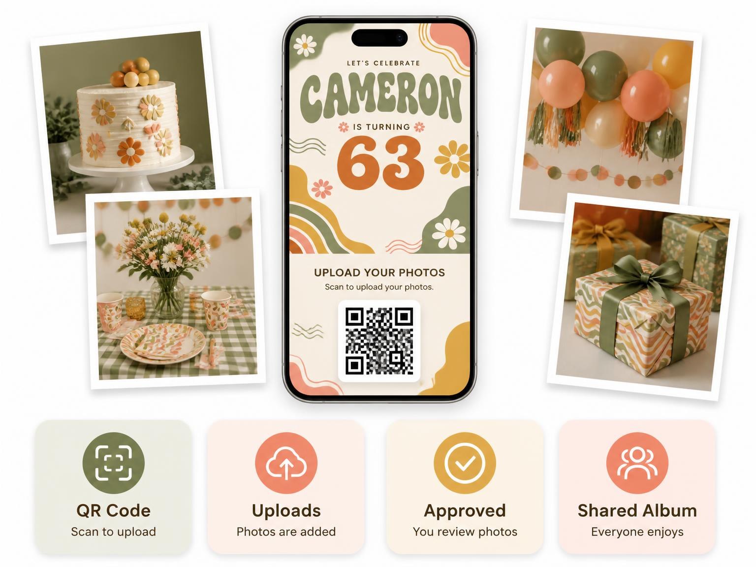 The shared photo gallery that comes with the Groovy Retro 63rd Birthday Invitation invitation