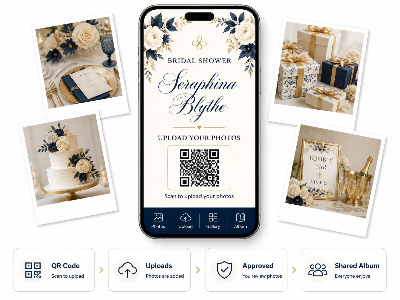 The shared photo gallery that comes with the Navy Floral Gold Border Bridal Shower invitation