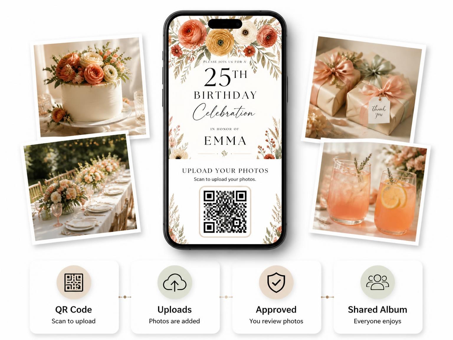 The shared photo gallery that comes with the Terracotta Floral Garland 25th Birthday Invitation invitation
