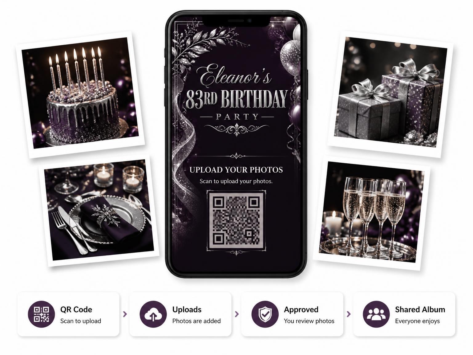 The shared photo gallery that comes with the Plum and Silver 83rd Birthday Invitation invitation