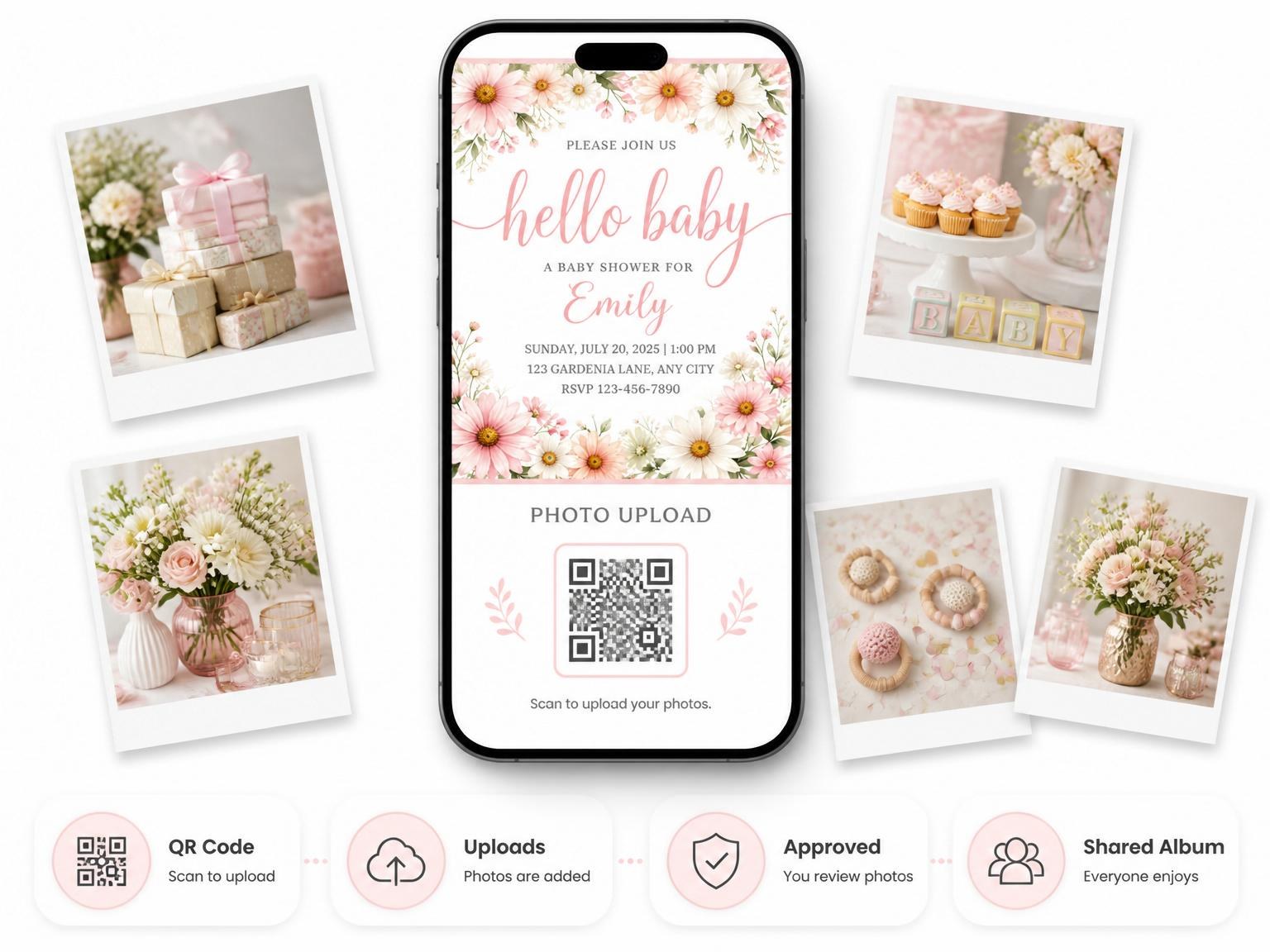 The shared photo gallery that comes with the Pink Watercolor Daisy Baby Shower invitation