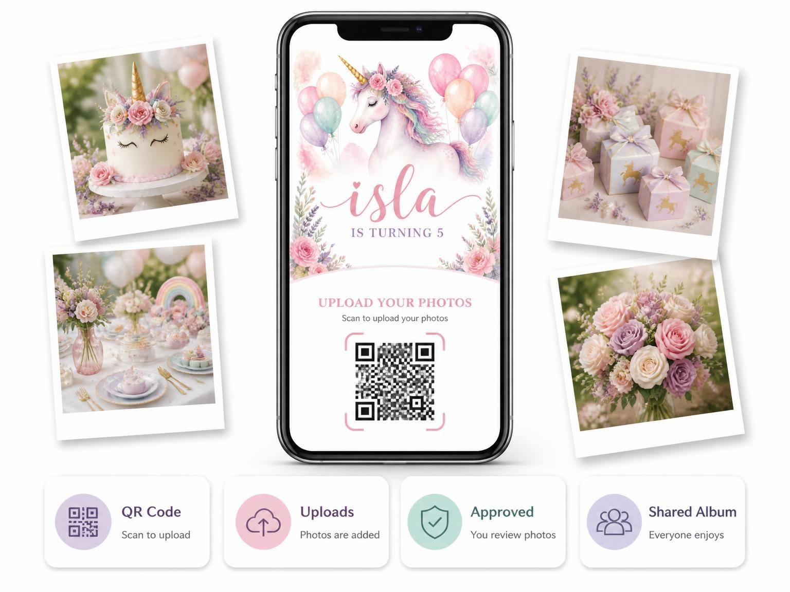 The shared photo gallery that comes with the Unicorn and Balloon 5th Birthday Invitation invitation