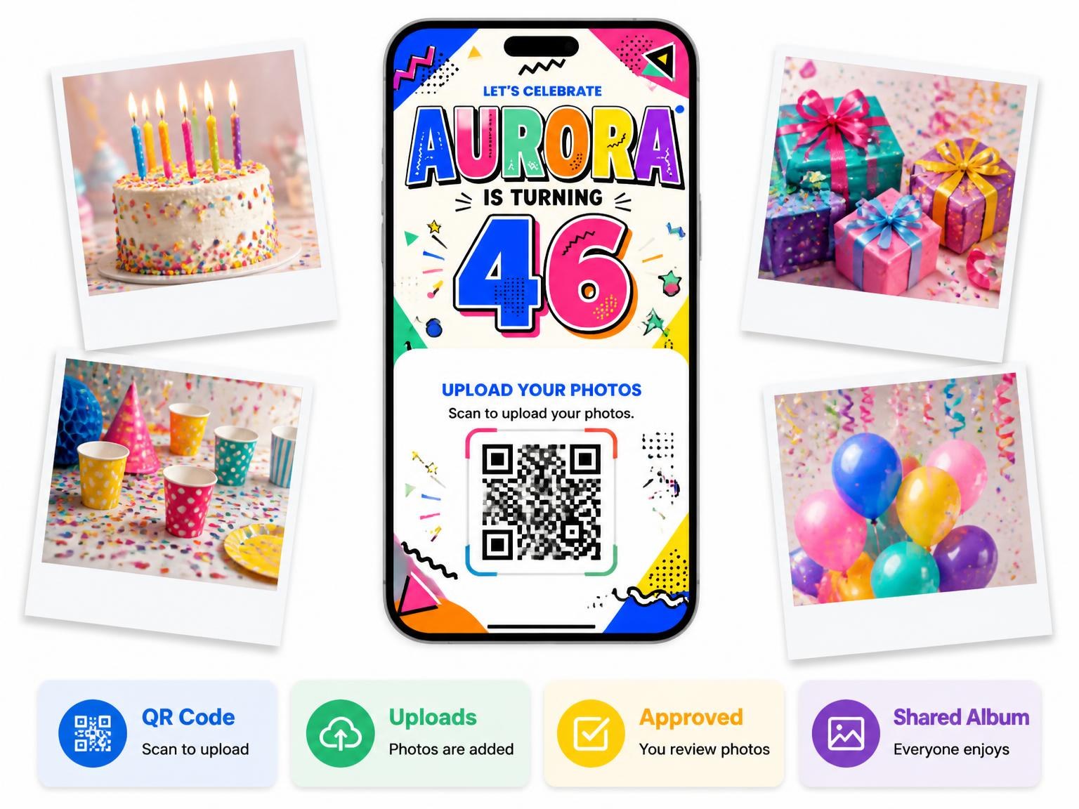 The shared photo gallery that comes with the Memphis Pop 46th Birthday Invitation invitation