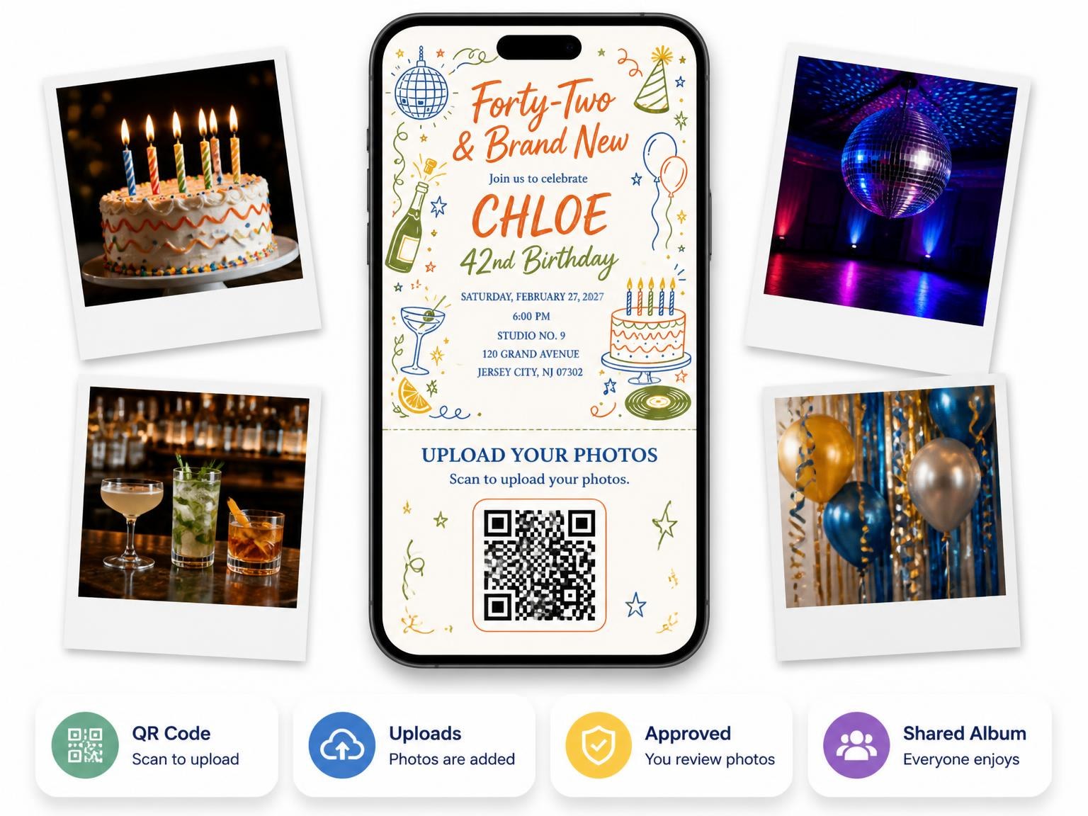 The shared photo gallery that comes with the Retro Doodle 42nd Birthday Invitation invitation