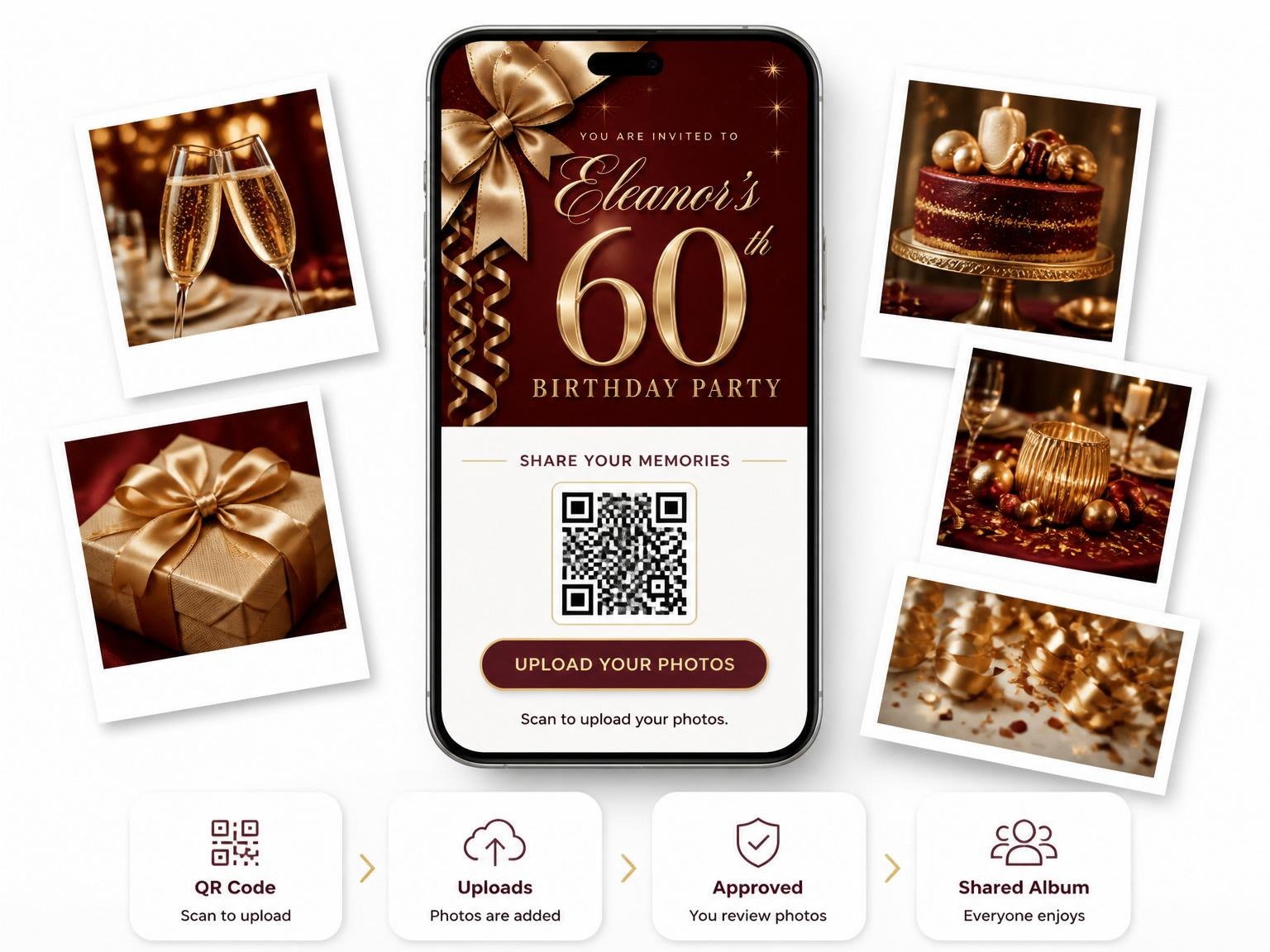 The shared photo gallery that comes with the Garnet Gold Ribbon 60th Birthday invitation