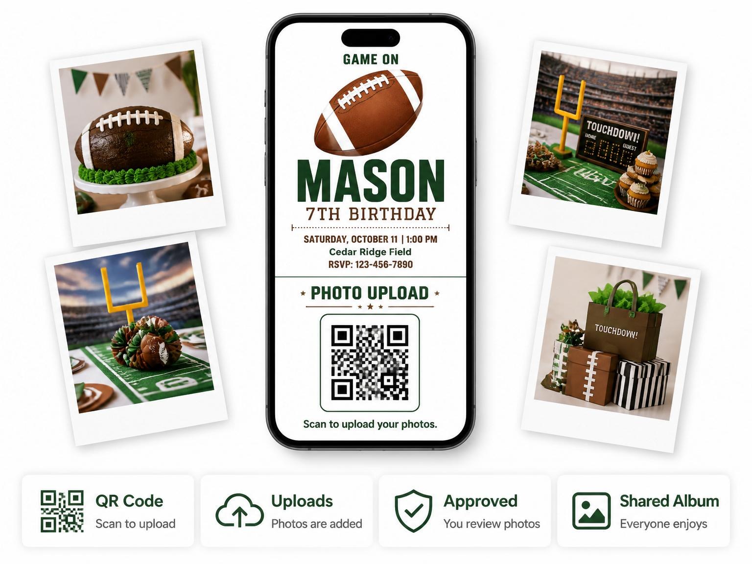 The shared photo gallery that comes with the Football Graphic 7th Birthday Party Invitation invitation