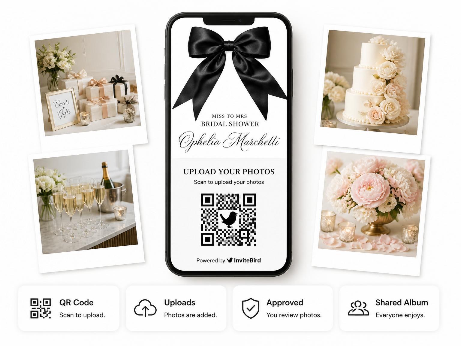 The shared photo gallery that comes with the Black Satin Bow Bridal Shower invitation