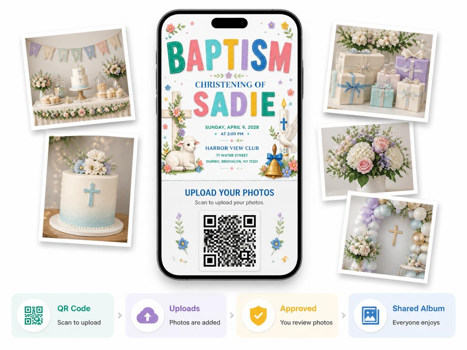 The shared photo gallery that comes with the Wooden Cross Baptism Invitation invitation