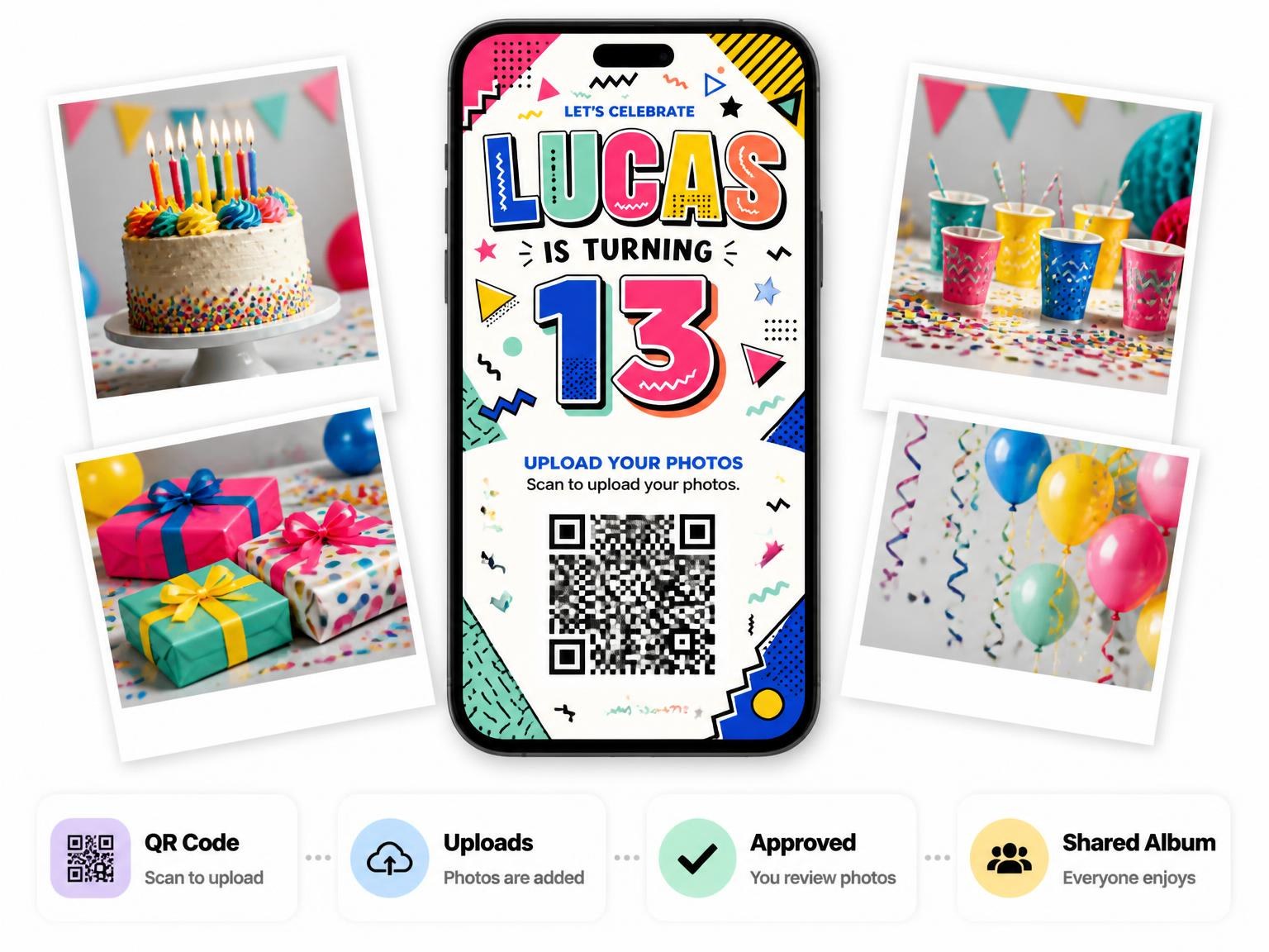 The shared photo gallery that comes with the Memphis Pop 13th Birthday Invitation invitation