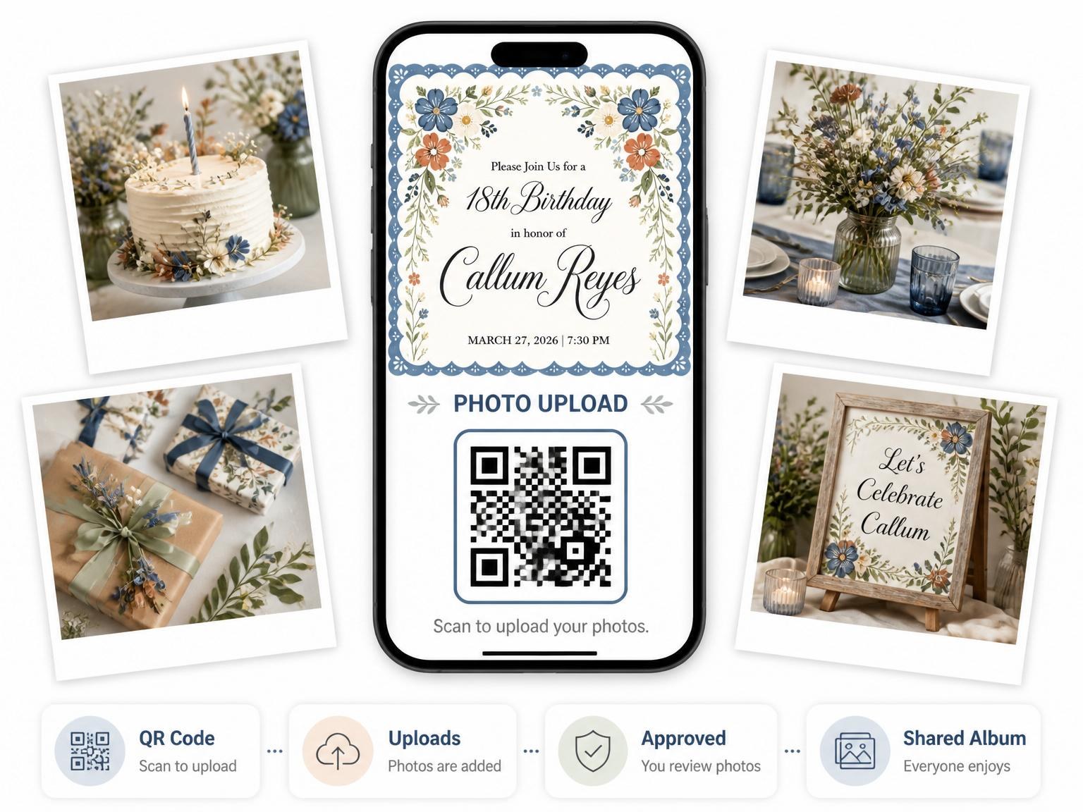 The shared photo gallery that comes with the Dusty Blue Folk Floral 18th Birthday invitation