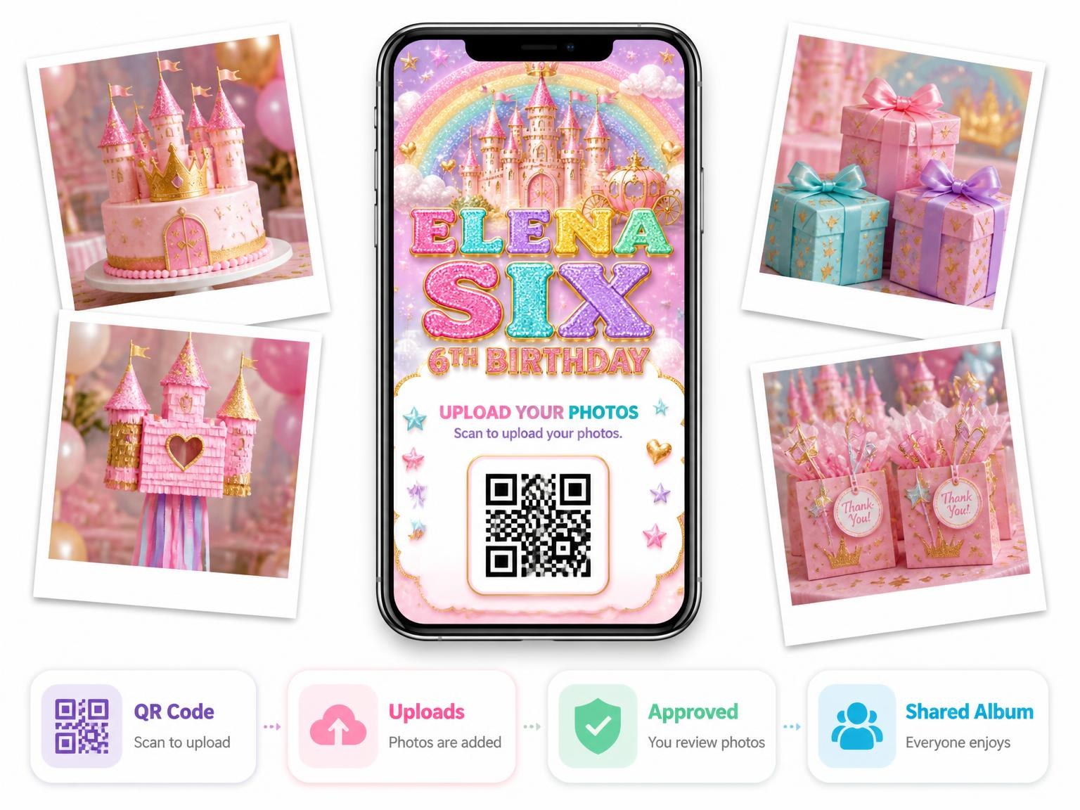 The shared photo gallery that comes with the Glitter Princess Castle 6th Birthday Invitation invitation