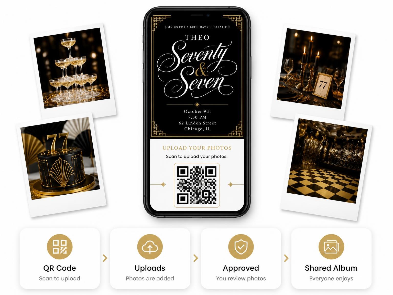 The shared photo gallery that comes with the Art Deco 77th Birthday Invitation invitation