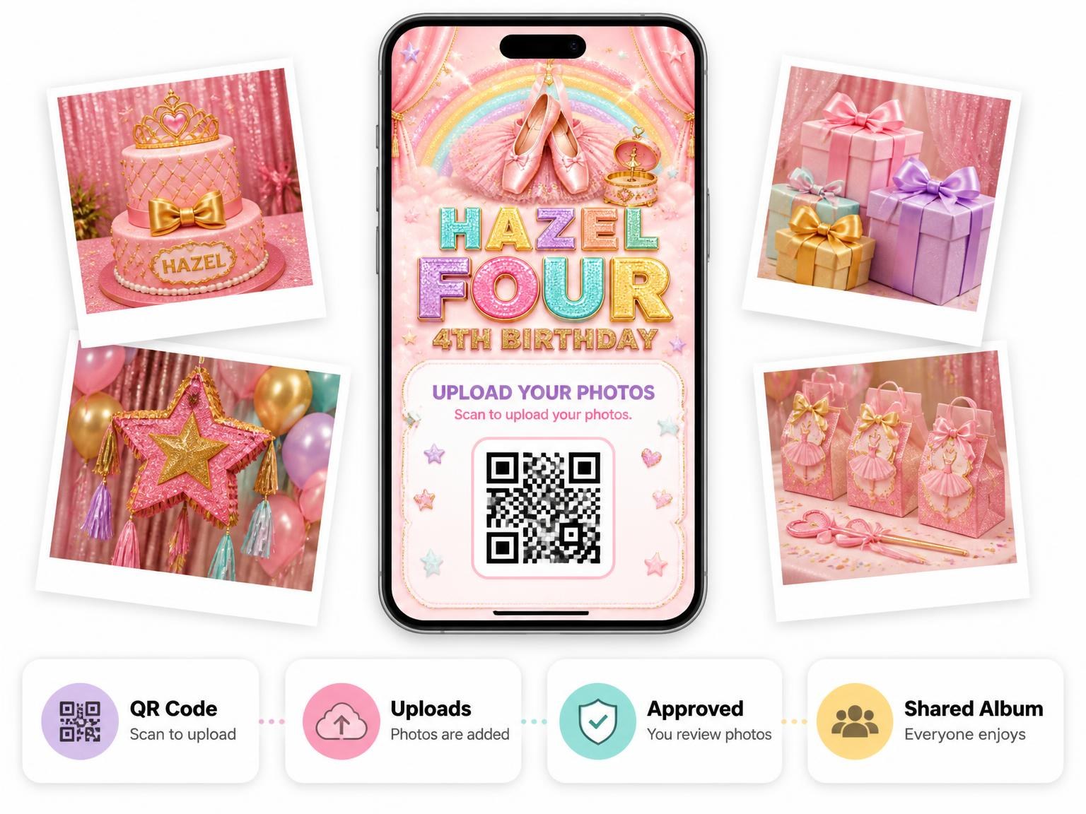 The shared photo gallery that comes with the Glitter Ballet 4th Birthday Invitation invitation
