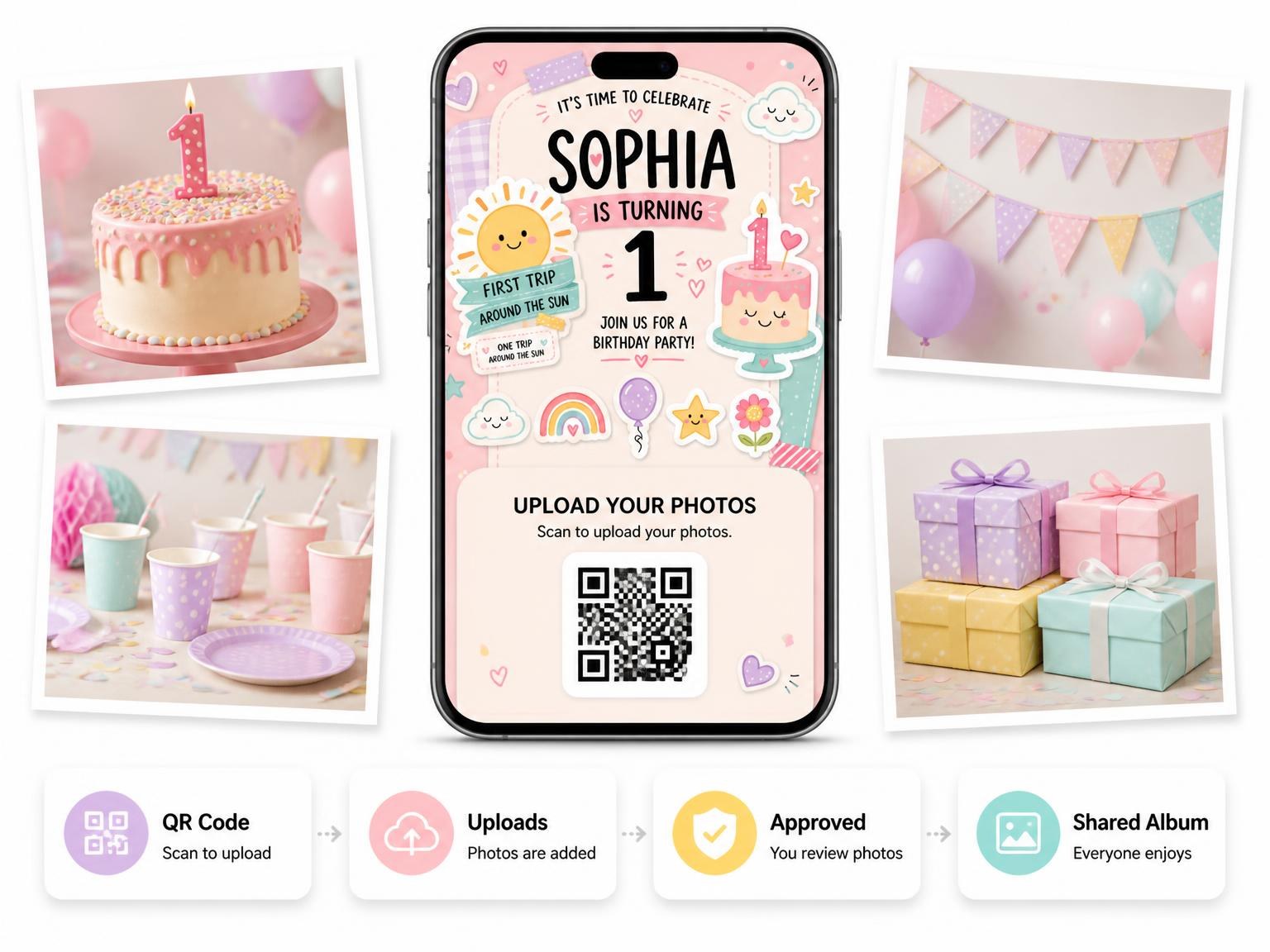 The shared photo gallery that comes with the Patchwork Scraps Pastel 1st Birthday Invitation invitation