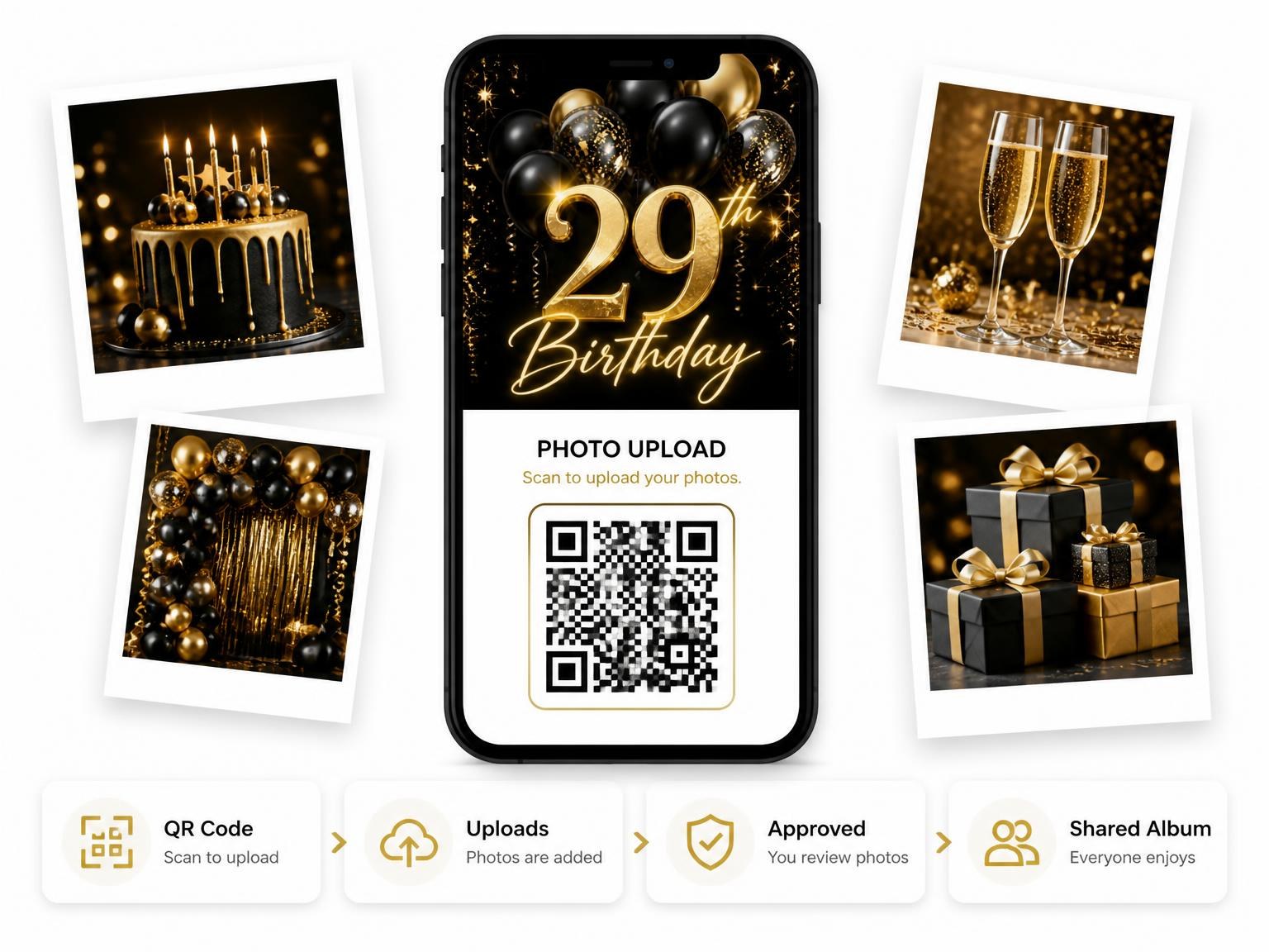 The shared photo gallery that comes with the Black and Gold Balloon 29th Birthday invitation