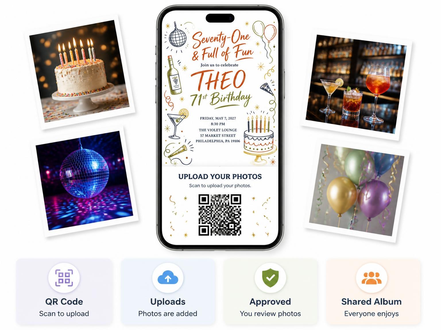 The shared photo gallery that comes with the Retro Doodle 71st Birthday Invitation invitation