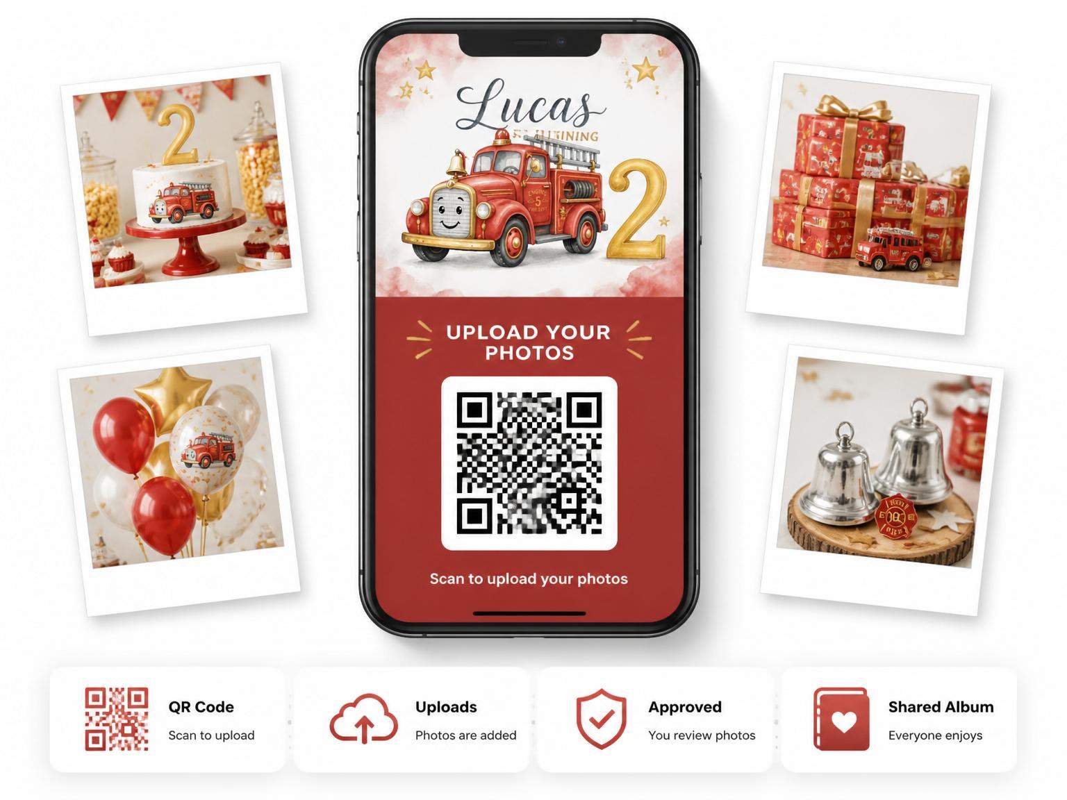 The shared photo gallery that comes with the Watercolor Fire Truck 2nd Birthday invitation