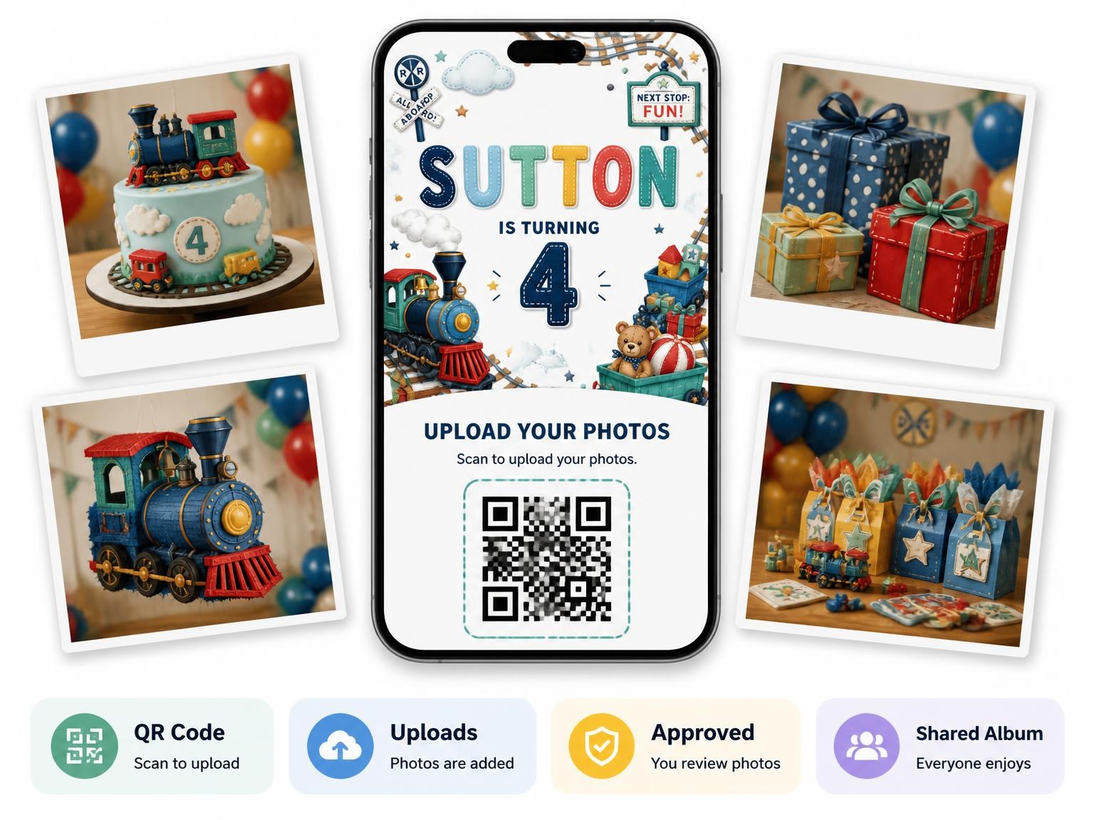 The shared photo gallery that comes with the Stitched Train 4th Birthday Invitation invitation