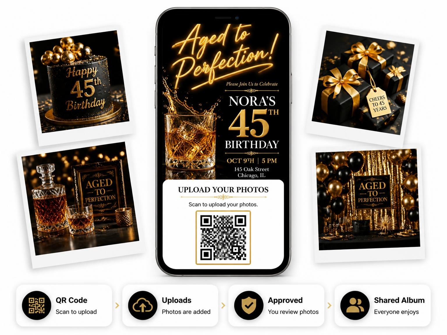 The shared photo gallery that comes with the Crystal Whiskey 45th Birthday Invitation invitation
