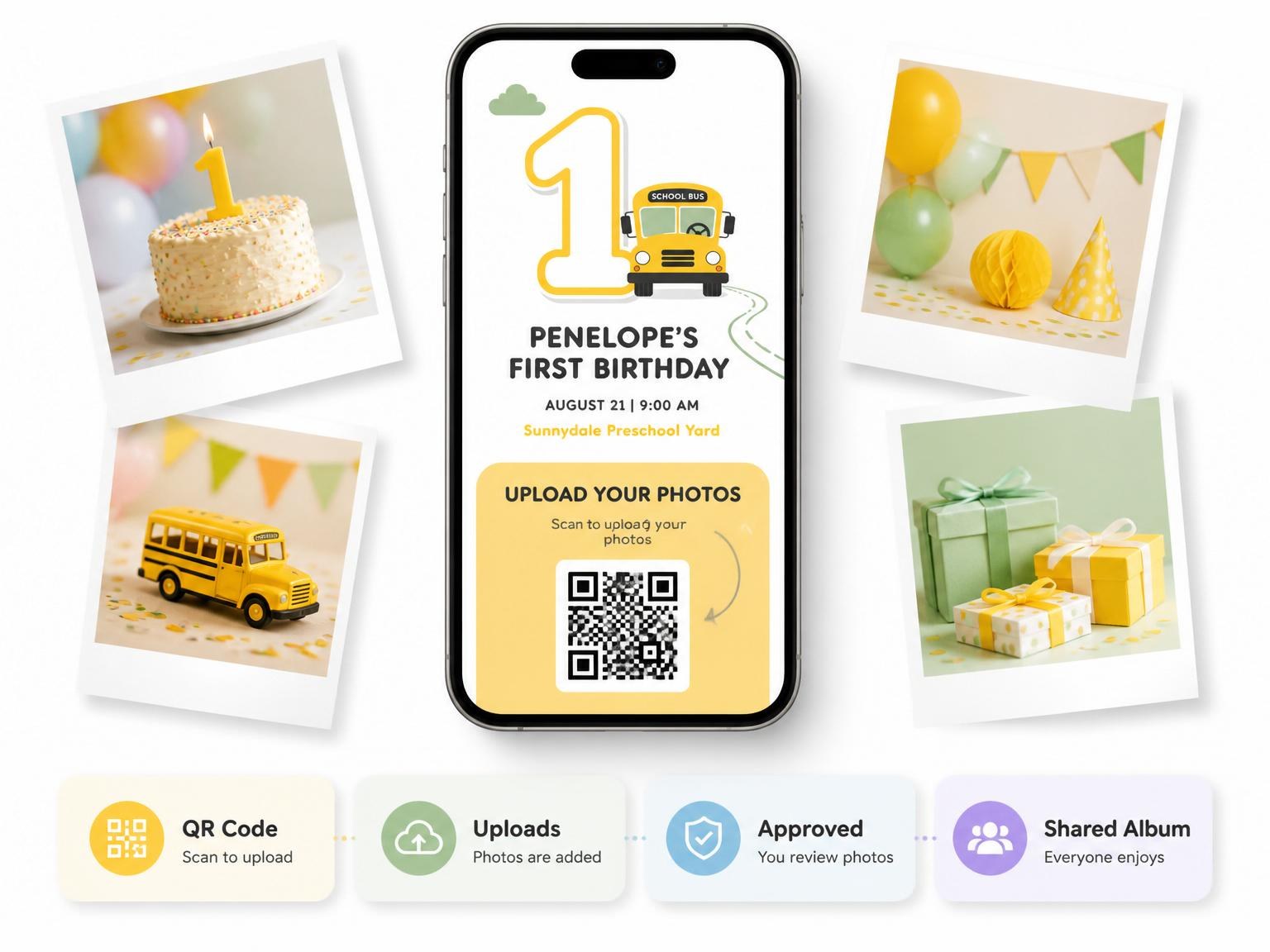 The shared photo gallery that comes with the Sage and Yellow School Bus 1st Birthday invitation