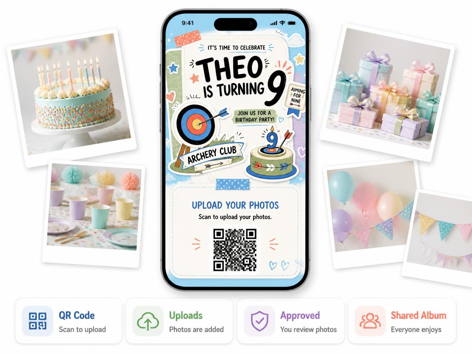 The shared photo gallery that comes with the Target Stand Pastel 9th Birthday Invitation invitation
