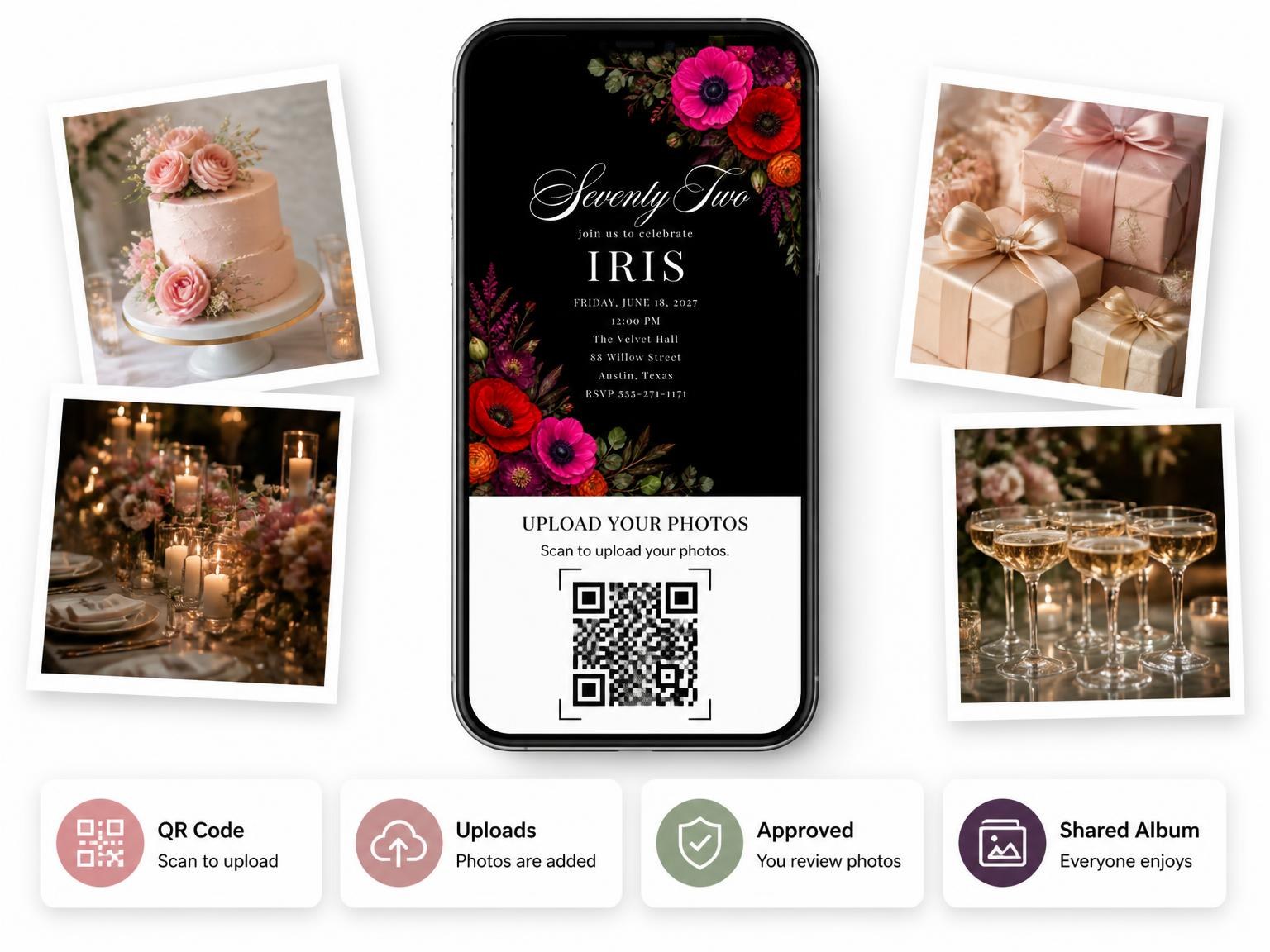 The shared photo gallery that comes with the Black Floral 72nd Birthday Invitation invitation