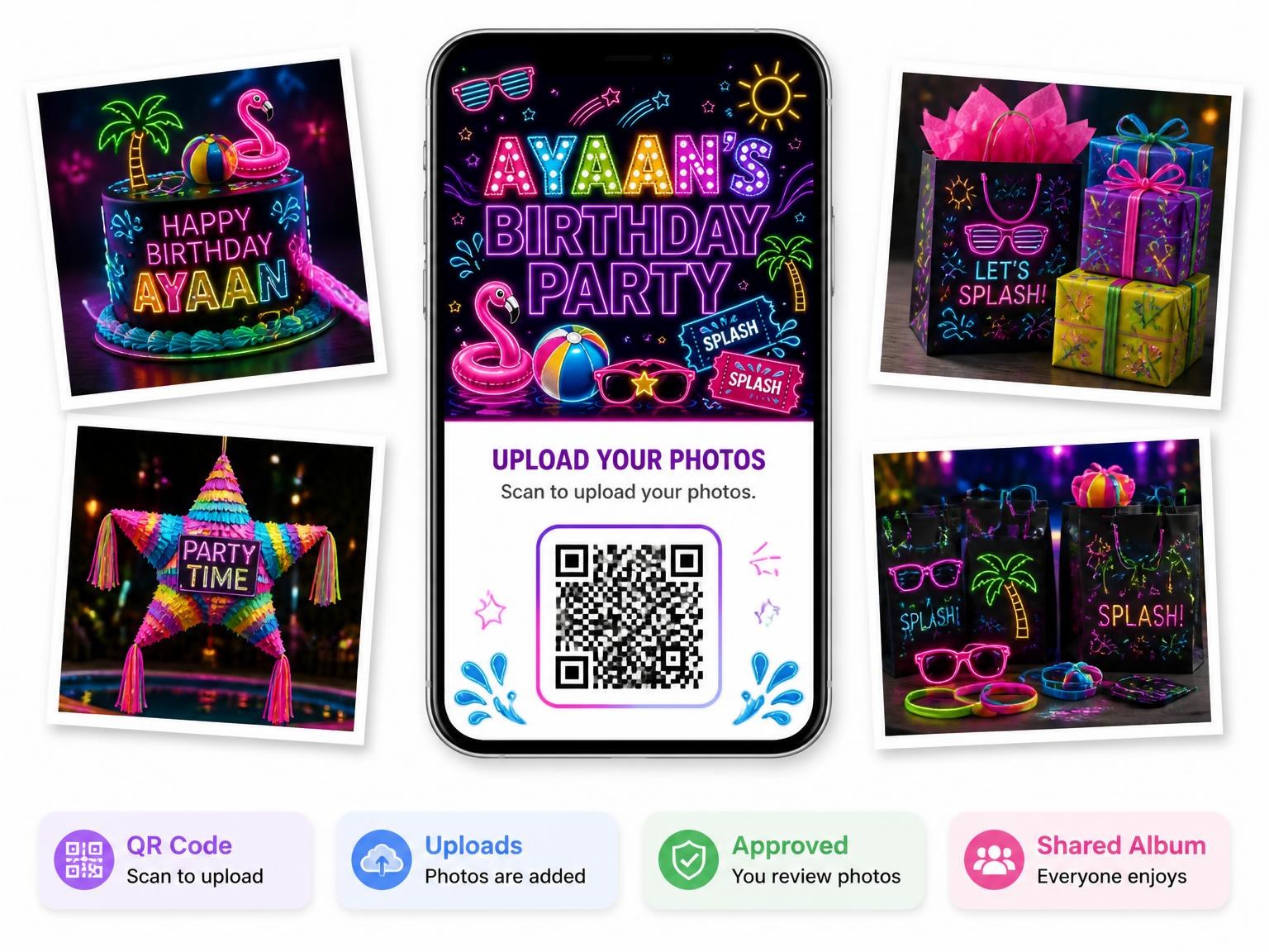 The shared photo gallery that comes with the Neon Pool Party 14th Birthday Invitation invitation
