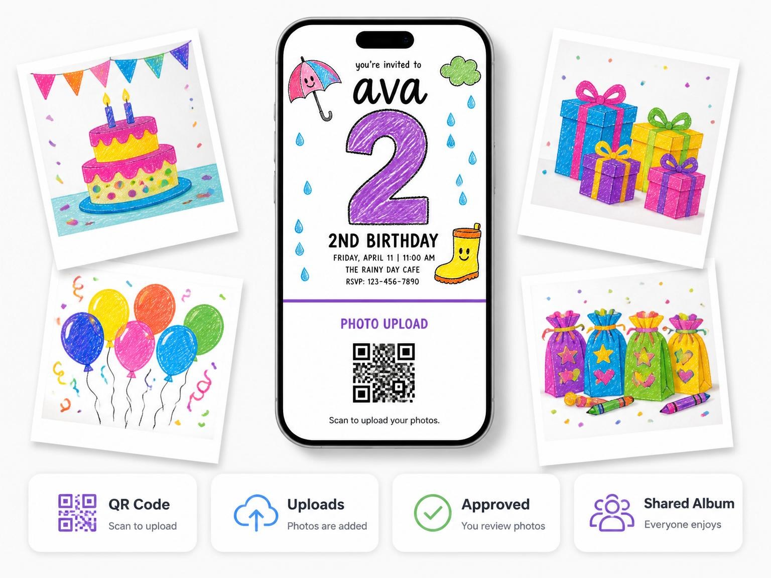 The shared photo gallery that comes with the Crayon Rainy Day 2nd Birthday invitation