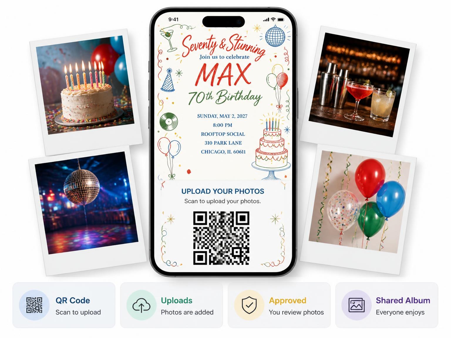 The shared photo gallery that comes with the Retro Doodle 70th Birthday Invitation invitation