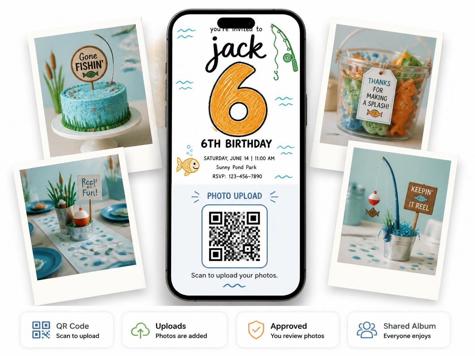 The shared photo gallery that comes with the Crayon Fishing 6th Birthday Invitation invitation