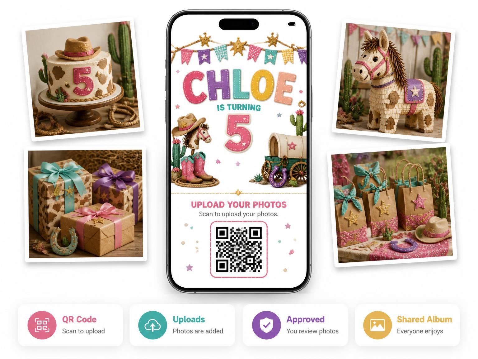 The shared photo gallery that comes with the Stitched Cowboy 5th Birthday Invitation invitation
